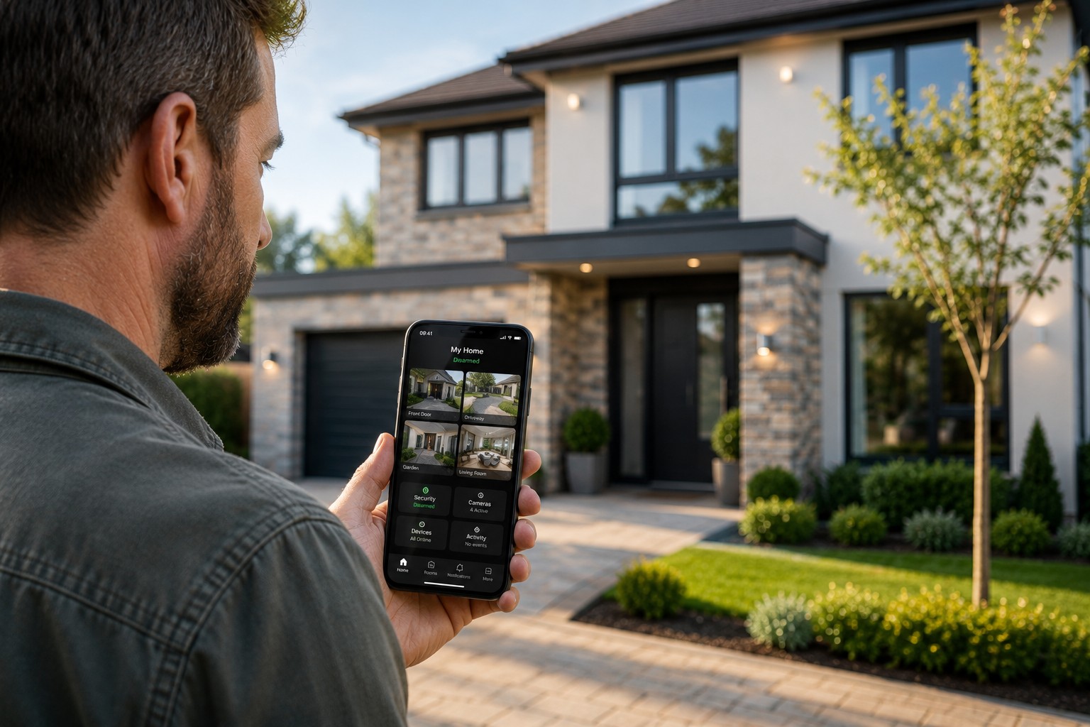 Homeowner using smart home security app to monitor property in Sheffield